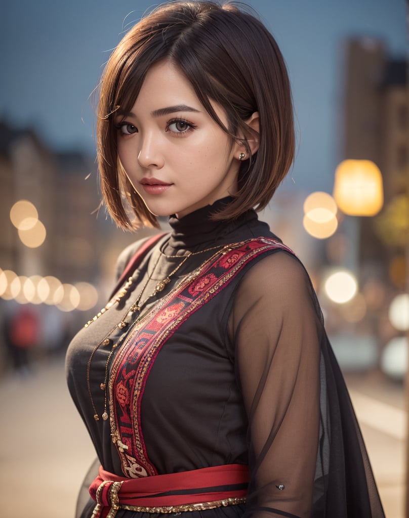 1girl, ultrarealistic, masterpiece, photorealistic, cinamatic lighting, slight smile, bust shot, short trendy hair, very detailed face, traditional ethnic clothing, (bokeh, city, night, blurred background), 8k, deep shadow, low key, 