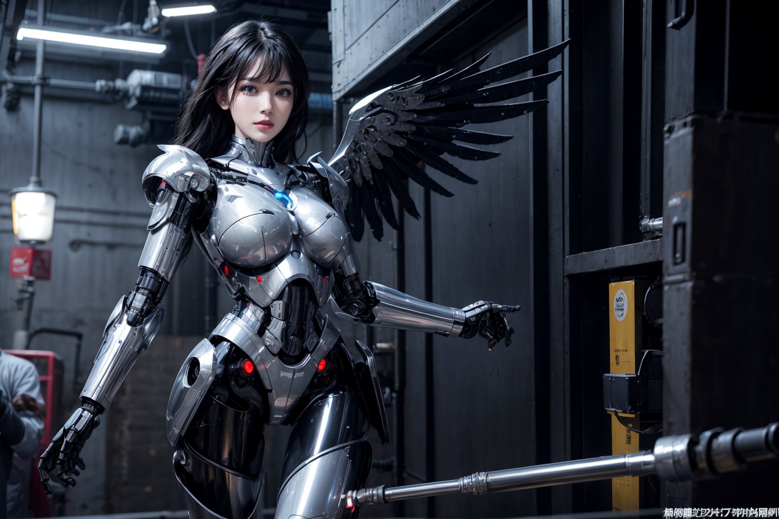 1 female worrior, beautiful face, pale skin, black_hair, medium hair, robotic body, (extra lagge metal cyborg hawk wings), realistic detailed wing on upper back, wings flapping wide, robotic legs, cinematic lighting, robotics arms, robotic hands, futiristic, robotic, mechanical detailed, armored, expressionless face, alone, seen from front, cum in breast,Milk breast,mecha,