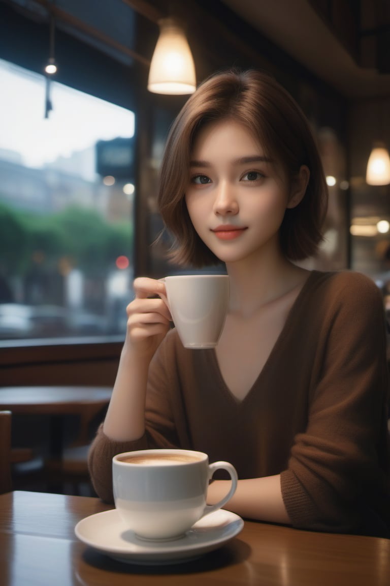 1girl, detailed eyes, masterpiece, high_resolution, best quality, short brown hair, brim light, fine skin, cinematic lighting, (coffee shop, a cup of coffee on the table, lamps, windows, drapes, bokeh), stunningly beautiful face,xxmix_girl,FilmGirl