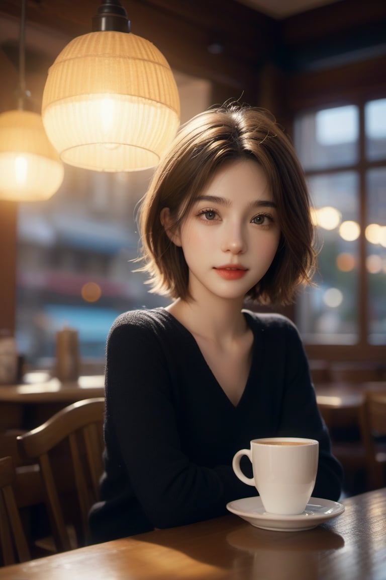 1girl, detailed eyes, masterpiece, high_resolution, best quality, short brown hair, brim light, fine skin, cinematic lighting, (coffee shop, a cup of coffee on the table, lamps, windows, drapes, bokeh), stunningly beautiful face,xxmix_girl,FilmGirl