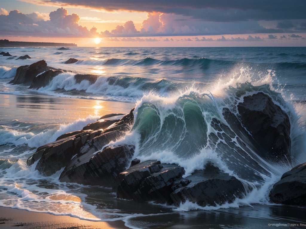 sunset,dark clouds with brim light,ocean, beach, waves with white foaming, rocks,  Masterpiece sky, universe angle, (brighteyes:1.1)