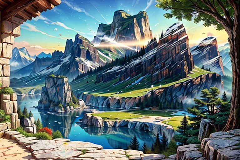 (pov),  a winding creak,  landscape, trees and shrubs,  (mountains,rocks, distant mountain tops and cliffs), art cg, (ultra-detailed:1.3), best quality, illustration, particle lighting, beautiful detailed glow, an extremely delicate and beautiful, 