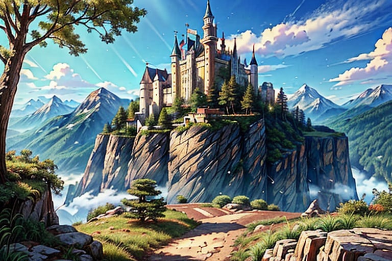 (pov),  landscape, trees and shrubs,  (mountains, a winding creak, rocks, distant mountain tops and cliffs), castles, art cg, (ultra-detailed:1.3), best quality, illustration, particle lighting, beautiful detailed glow, an extremely delicate and beautiful, 