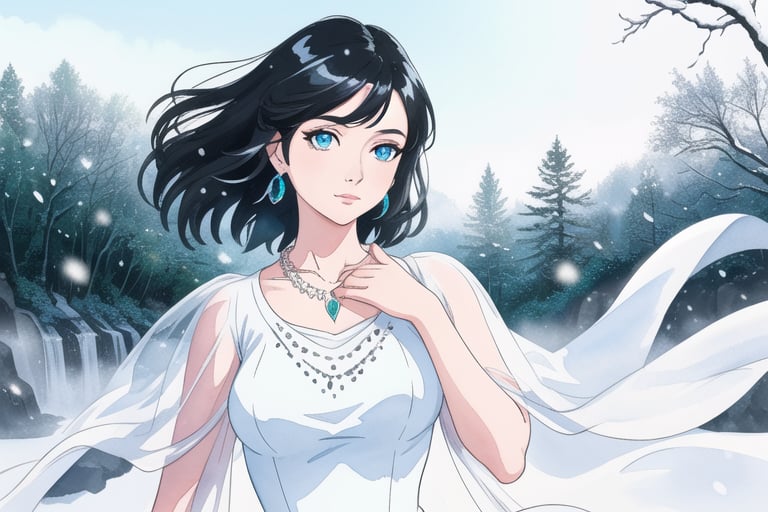 photo of 1 beautiful woman, statement diamond necklace, masterpiece, wearing melted chrome dress, black_way_hair,  8k, watercolor, instagram filter, near vibrant waterfall, dimond earrings, ethereal vibe, blue sky, technical_human_face, Detailed_shiny_hair, flowers, Wide-hips, technical_photorealistic_eyes, Technical_hands, Snow_White, long_flowy_white_dress, snowy forest background