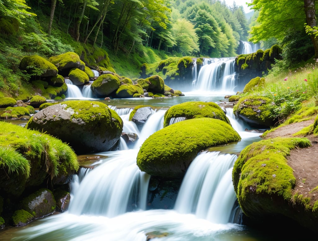 mountain scene, clear sky with some small clouds, clear water stream in front, small waterfalls, misty atmosphere,  tropical rain forest, mosses, low bushes