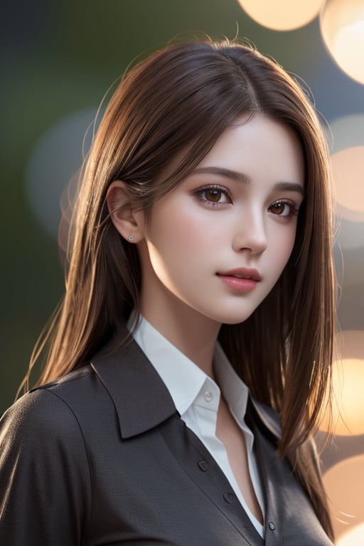 photorealistic, masterpiece, best quality, raw photo, 1girl, solo, trendy hair, brown hair, detailed face, slight smile, alluring face, collared shirt, medium breasts, frontal view, looking at viewer, from below, ( background: lights, bokeh,dark), fine detailed, intricate detail,  ray tracing, depth of field, hdr