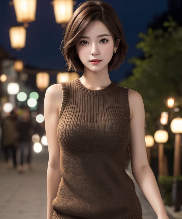 photorealistic, raw photo, best quality, ultra-detailed, masterpiece, sleeveless sweater, 1girl, solo, brown short trendy hair, medium breasts, side_boobs, walking, outdoor, （background：dark night, street, lanterns, Japanese gardern, bokeh), adorable young girl, alluring face, detailed skin, pore,  intricate detailed, depth of field, low key, perfect female body