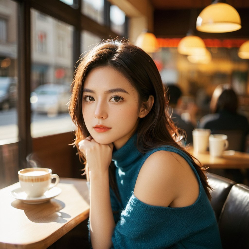 portrait of a woman,xxmix girl woman,xxmix_girl, sitting in a coffee shop, afternoon sun, bokeh, canon 5D,FilmGirl