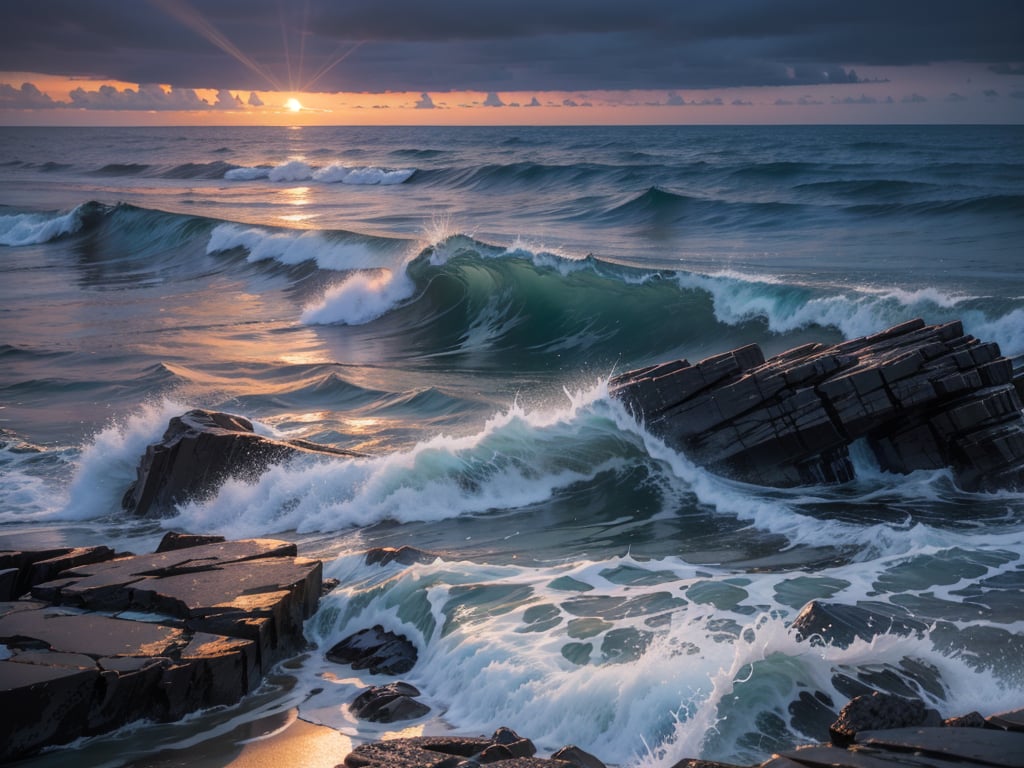 sunset,dark clouds with brim light,ocean, beach, waves with white foam and frothy splashes, rocks,  wide angle,