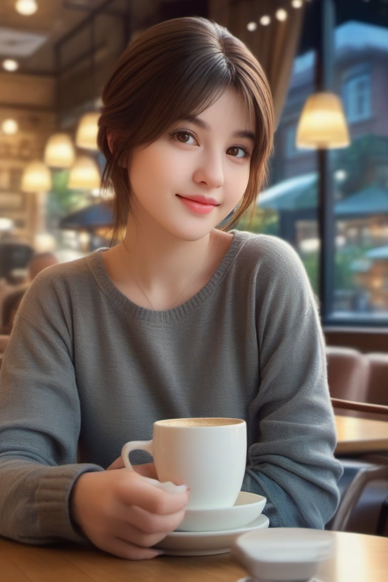 1girl, detailed eyes, masterpiece, high_resolution, best quality, short brown hair, brim light, fine skin, cinematic lighting, (coffee shop, a cup of coffee on the table, lamps, windows, drapes, bokeh), stunningly beautiful face,xxmix_girl