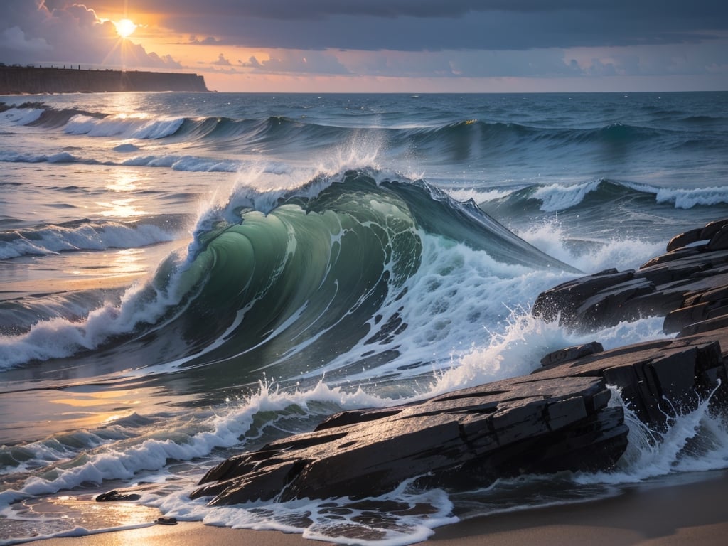 sunset,dark clouds with brim light,ocean, beach, waves with white foaming, rocks,  Masterpiece sky, universe angle, (brighteyes:1.1)