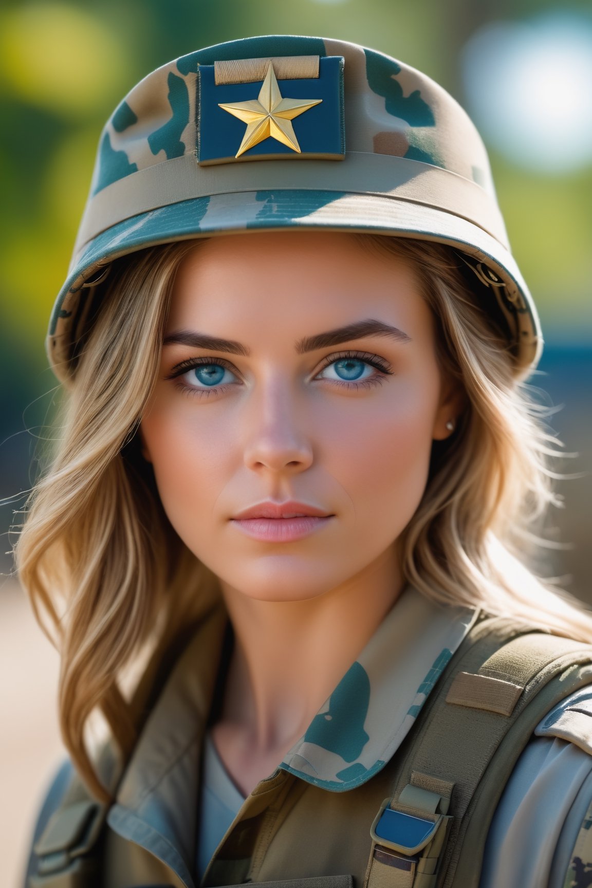 (photorealistic), best quality, realistic, half body portrait, frontal view, intricate details, depth of field, female solider,(magazin pouches), highly-detailed, perfect face, blue eyes, Fujifilm XT3, outdoors, bright day, Beautiful lighting, RAW photo, 8k uhd, film grain, ((bokeh)),neon photography style