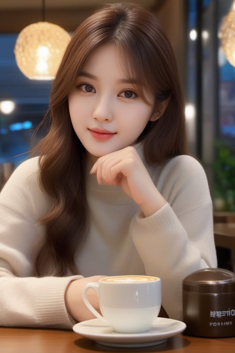 1girl, detailed eyes, korean girl, masterpiece, high_resolution, best quality, trendy brown hare, fine skin, cinematic lighting, (coffee shop, a cup of coffee on the table, lamps, windows, drapes, bokeh), stunningly beautiful face,xxmix_girl