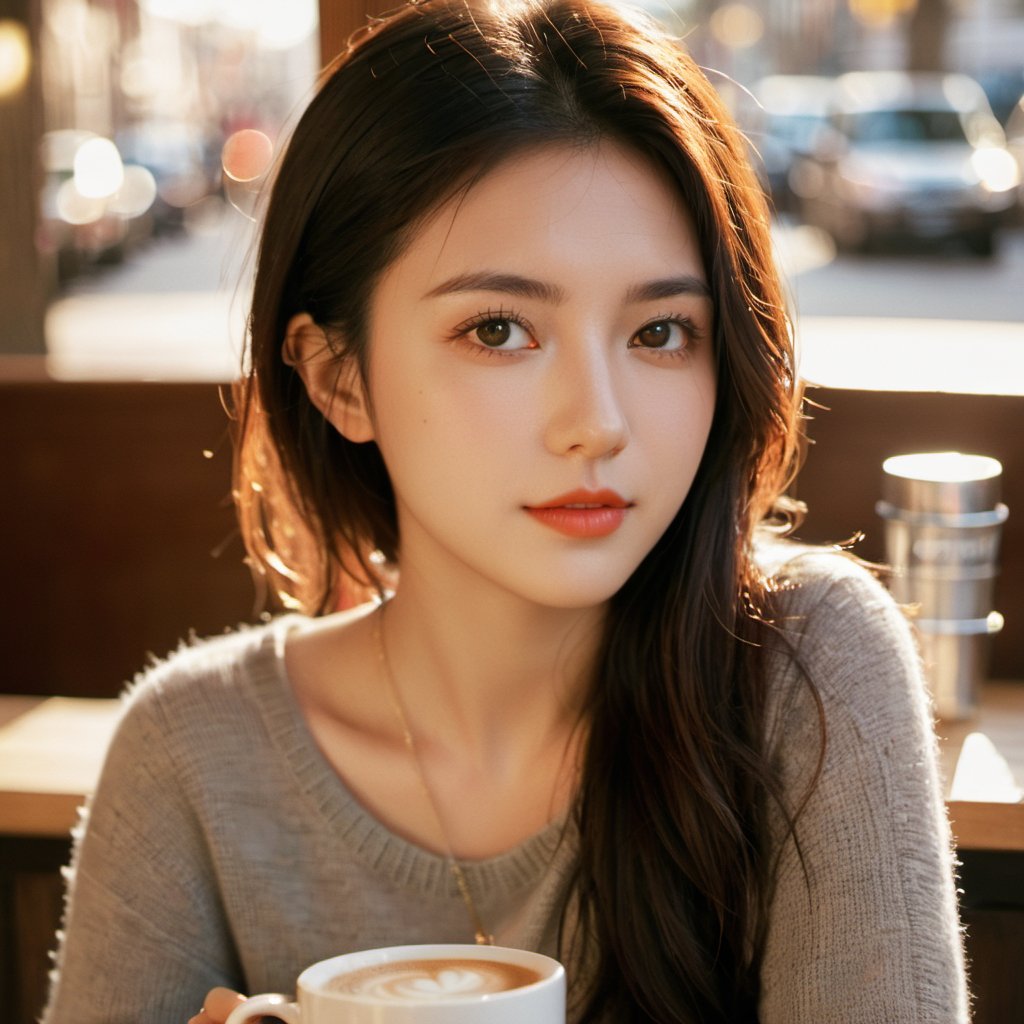 portrait of a woman,xxmix girl woman,xxmix_girl, sitting in a coffee shop, afternoon sun, bokeh, canon 5D,FilmGirl