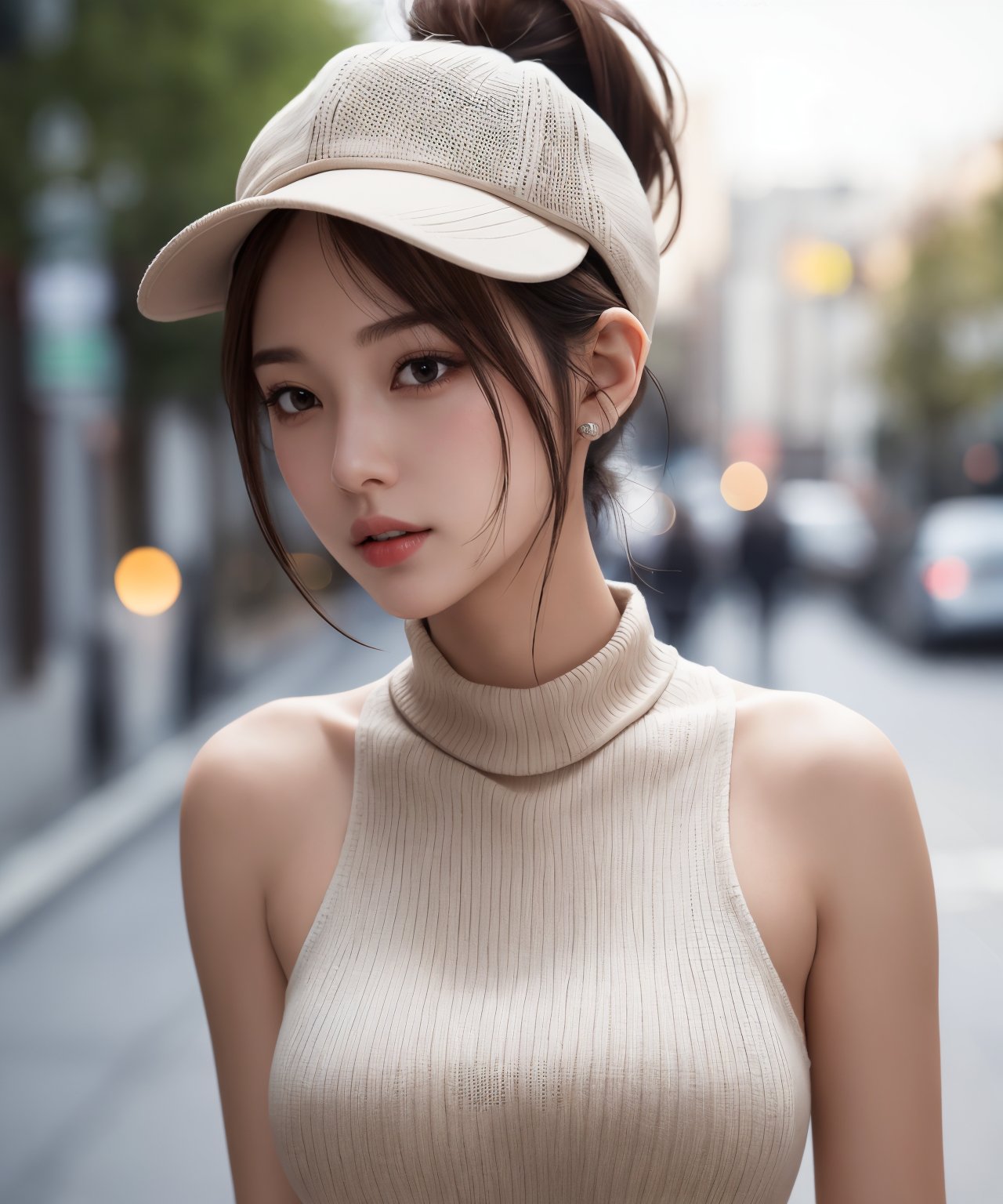 photorealistic, raw photo, best quality, ultra detailed, masterpiece, bust shot, nude virgin killer sweater, 1girl, solo, (short trending hair, brim light), medium breasts, walking, outdoor, （background：street, blurred, dark night, bokeh ), sleeveless,  side_boobs, brown hair, ponytail, adorable young girl, alluring face, detailed skin, pore,  intricate detailed, depth of field, low key, perfect female body