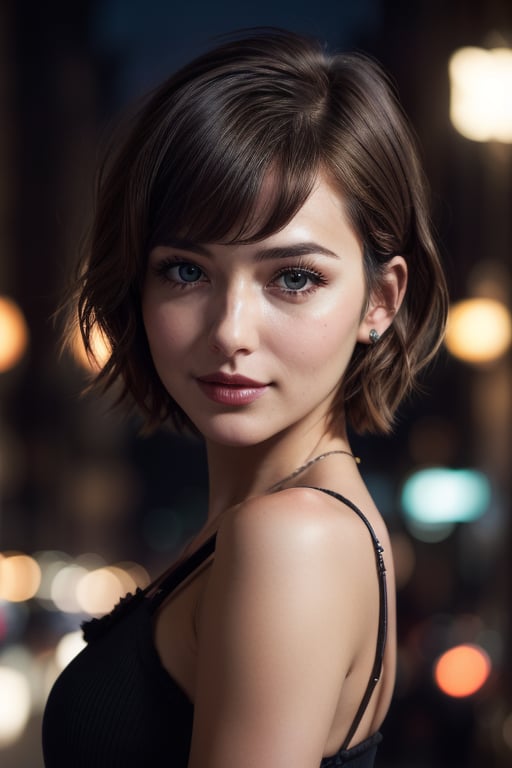 (masterpiece), 1 girl, realistic, half body portrait of most beautiful woman, fashion photography pose, frontal view, facing the camera, small-breasted, ((from botton, bottom view)), ((short hair, wavy hair)), (blurred background, night scene, busy streets, lamps, Bokeh), depth of field, skin texture, happy, perfect face, perfect eyes, beautiful face, 18 years old, teenage, perfect hands,  cinematic lighting, 