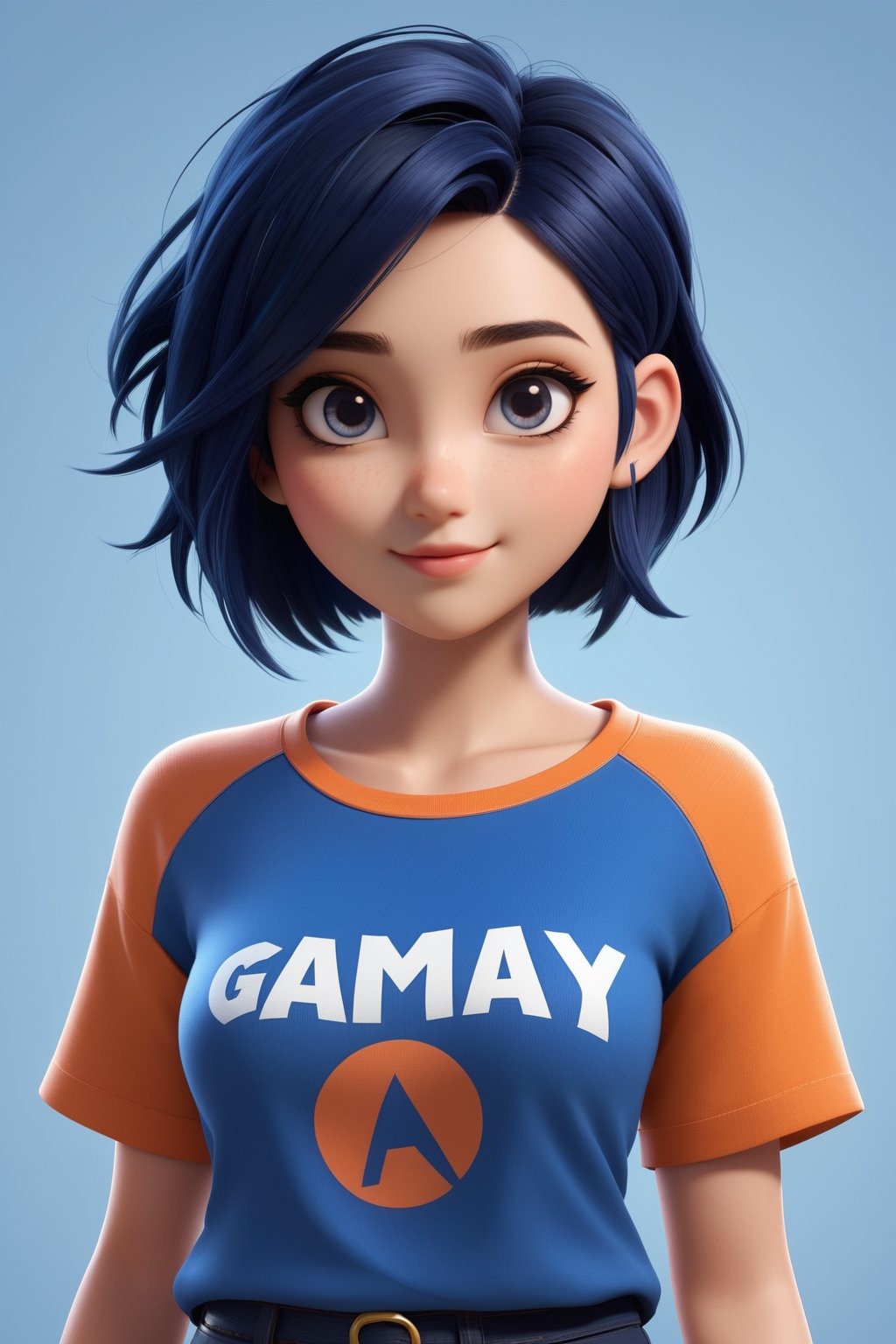 Create a character concept of a girl with short, dark blue hair and a shirt that prominently features the word 'GamePlay.' The character should be designed in a style reminiscent of Pixar animations, capturing a friendly and visually appealing aesthetic. Pay attention to character details, expressions, and the overall warmth and charm associated with Pixar's animation style.