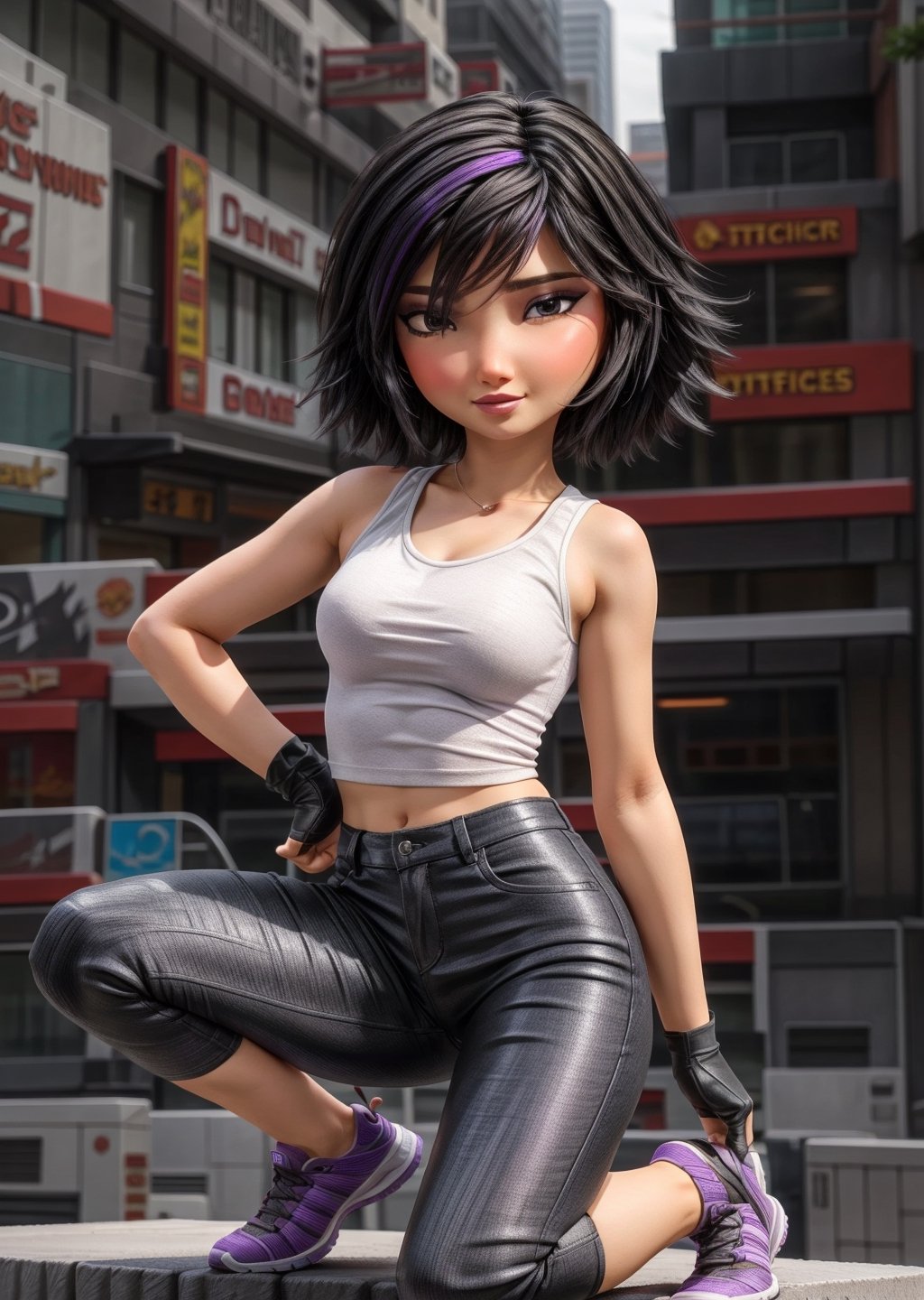 Masterpiece in full 4K resolution, dynamic 3D anime style. | Go Go, a young Korean woman of short stature, displays a curvy and robust build, highlighted by a prominent rear end. Her brown eyes reflect determination, while her tousled black hair in a bob, with violet streaks in the bangs, adds a vibrant touch to her appearance. The makeup, consisting of lilac eyeshadow, pink blush and dusty pink lipstick, enhances her beauty. She wears a dark gray leather jacket cut to the elbow length over a white short-sleeved t-shirt, occasionally changed into a white tank top, which doubles as sleepwear. Black leather gloves with gray stripes on the sides and a violet band with a white stripe on her left wrist complete the look. Go Go wears black shorts with red stripes on the sides over fashionably ripped dark gray capri leggings, with the holes covered in violet stains. His feet are clad in black sneakers, including indigo blue lines above the white sole. | The scene depicts Go Go in a dynamic pose, ready for action, in a futuristic urban environment with sparkling skyscrapers in the background. The camera angle highlights her distinct physical attributes and emphasizes her bold personality. The lighting highlights the nuances of your clothes and makeup, creating an engaging visual contrast. | Go Go, the young Korean woman with messy hair and violet highlights, showing off a striking style in a futuristic urban setting. | {The camera is positioned very close to her, revealing her entire body as she adopts a dynamic_pose, interacting with and leaning on a structure in the scene in an exciting way} | She is adopting a ((dynamic_pose as interactions, boldly leaning on a structure, leaning back in an exciting way):1.3), ((perfect_pose)), ((perfect_pose):1.5), (((full body))), ((perfect_fingers, better_hands, perfect_hands, perfect_legs)), ((perfect_fingers, better_hands, perfect_hands, perfect_legs):0.7), (((More_Detail))). 