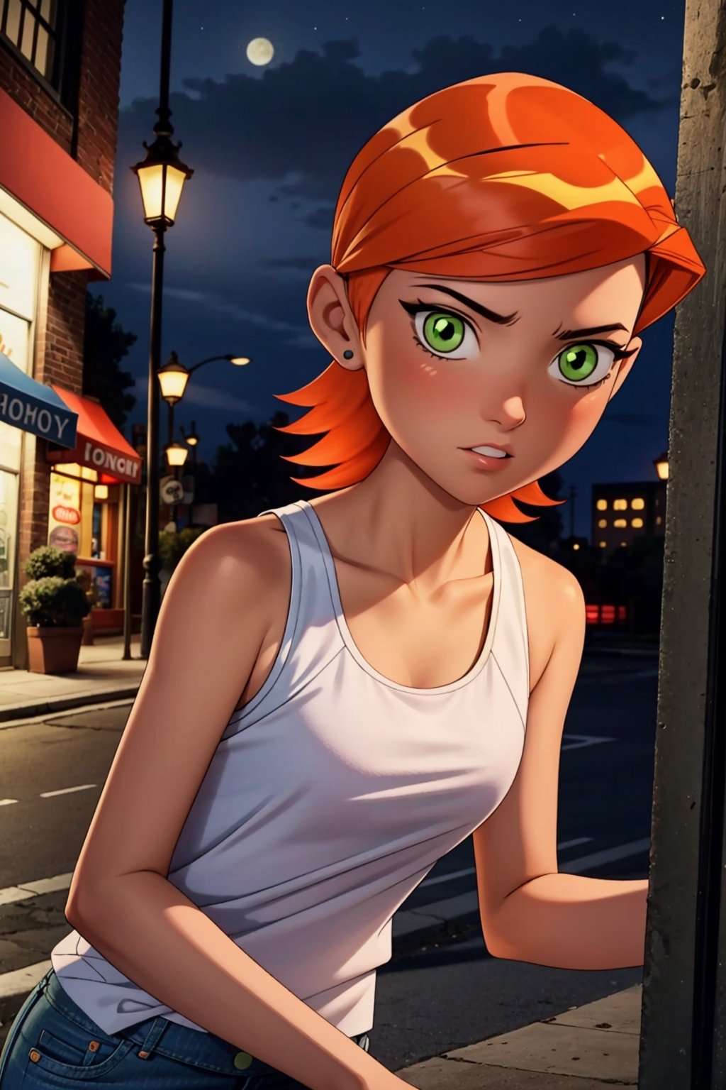 ((masterpiece)), ((More_Detail)), 1girl, solo, short hair, orange hair, green eyes. | Clothing: (white tank top, jeans). Scenario: (city, night, street).