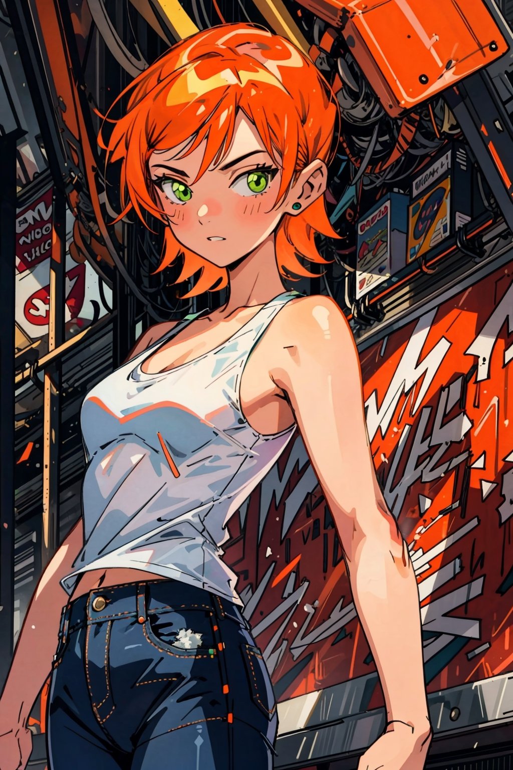 ((masterpiece)), ((More_Detail)), 1girl, solo, short hair, orange hair, green eyes, white tank top, jeans, panoramic vision.