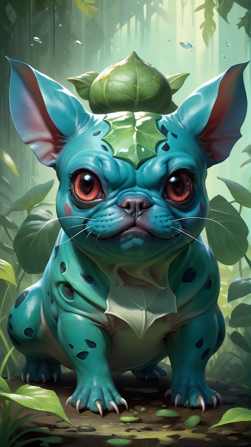 a highly detailed beautiful portrait of a Bulbasaur that looks like a pug, by gregory manchess, james gurney, james jean
