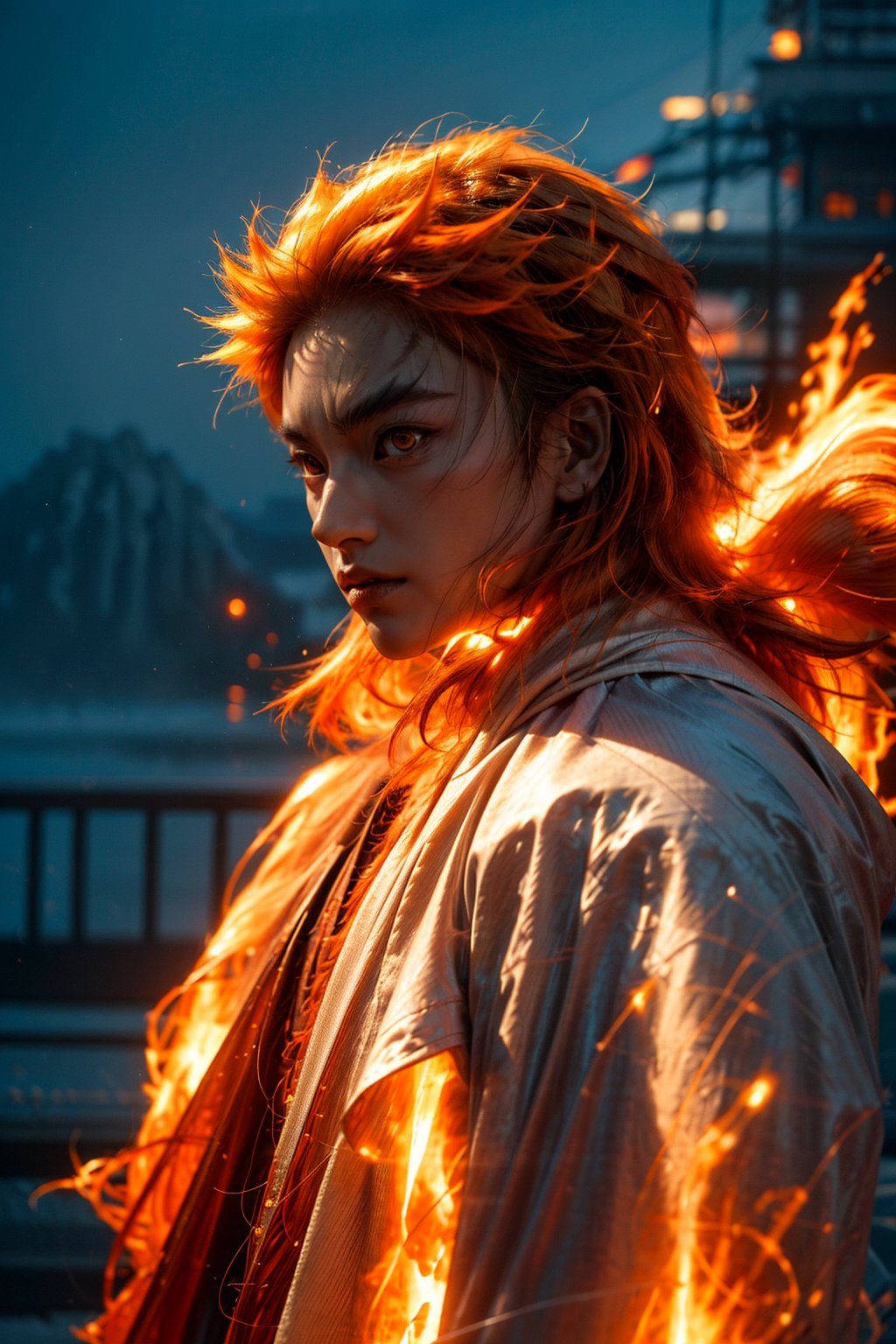 sharp focus, dynamic, (natural skin texture, hyperrealism:1.25), (skinny:1.25),portrait of Kyojuro , 1boy , glowing eyes, looking at viewer, serius face, empty look, dinamic pose, dinamic hair, strong wind, orange hair-streaks, very low angle, looking at camera, pale skin, staring, constricted pupils, fire background, fire-storm,rengoku kyoujurou, 
white cape, fire streaks,r1ge, upper body