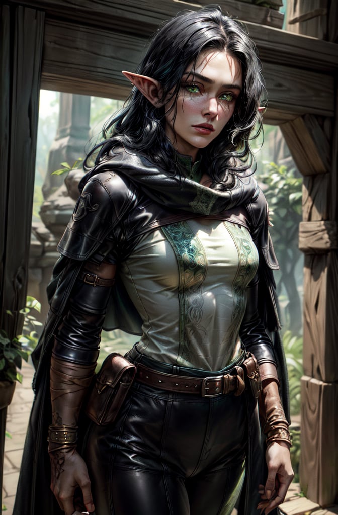 (((highly detailed 8k, fantasy, (opaque), ((dull)), ((((intricate black leather adventurer outfit)), leather bracers))), (((slim waist), (slender, graceful))), ((((black hair)))), ((masterpiece, best quality)), athletic lean, female, (pointy ears):0.6, solo, half-elf, ((bright green eyes)), ((long cloak)), looking at the viewer, long hair, large breasts:1.4, ((black hair)), ( belt, pouch, fair slightly tanned skin, ((highly detailed, beautiful green eyes)), ((thin scars)), (rogue, arcane trickster), (beautiful detailed face),lips, ((masterpiece, best quality)), art by todd lockwood and greg rutkowski, trending on artstation , Detailedface,sciamano240