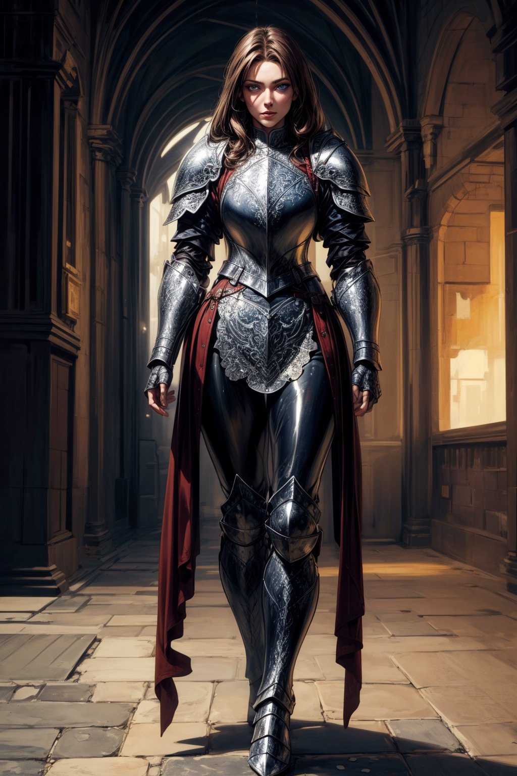 (Masterpiece, Best quality, high resolution, ultra-detailed), ((full body)), 1 girl, young, beautiful, ((brunette)) long hair, (sun tanned skin), (lean, slim), (intricate elaborate) medieval ((full (plate armor))) head-to-toe, (leather boots), metal reflections, parted lips, blue eyes, eye_half_opened, trending on artstation, art by Greg Rutkowski, medieval city background, season autumn, month October, Masterpiece
