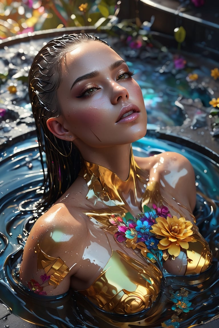 Aerial view, Wide-angle viewed from above, create a artistic portrait of a beautiful woman with wet hair , bathing in a pool of coloful with glowing fractal elements, wearing a light flowy silk top, ultradetailed ultrarealistic face, alberto seveso and Harrison fisher style,  work of beauty and inspiration,  8kUHD,  wind,  mountain views,  close-up ,monster,Extremely Realistic, wet see-through top, flowers, golden hour ,cyberpunk style,cyberpunk, close-up 