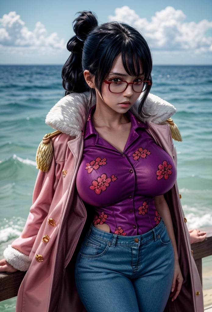 masterpiece, best quality, tashigi, black eyes, folded ponytail, glasses, pink coat, coat on shoulders, purple shirt, blue pants, upper body, looking at viewer, (huge breasts), serious, ocean, ,High detailed ,Color magic ,low cut