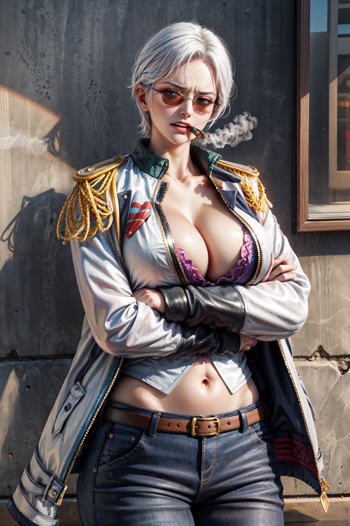 (masterpiece, best quality:1.2),cowboy shot, solo, male focus, 1girl, smoker \(one piece\), mature female, muscular female, looking at viewer, crossed arms, smoking, cigar, sunglasses, jacket, epaulettes, pants,((huge_breasts:1.4)),beautiful face