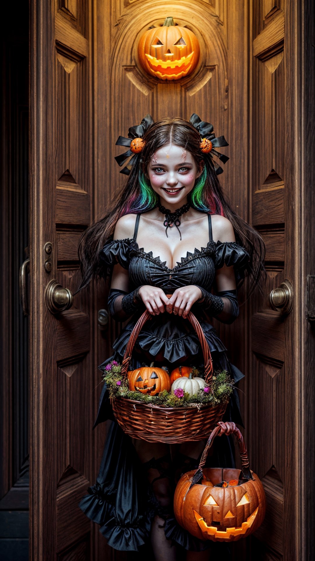 halloween , "a Little girl , holding a empty basket. Fantasy, vibrant colors, artistic, spellbinding, whimsical." , breasts , outdoor , near the door , smile:0.3