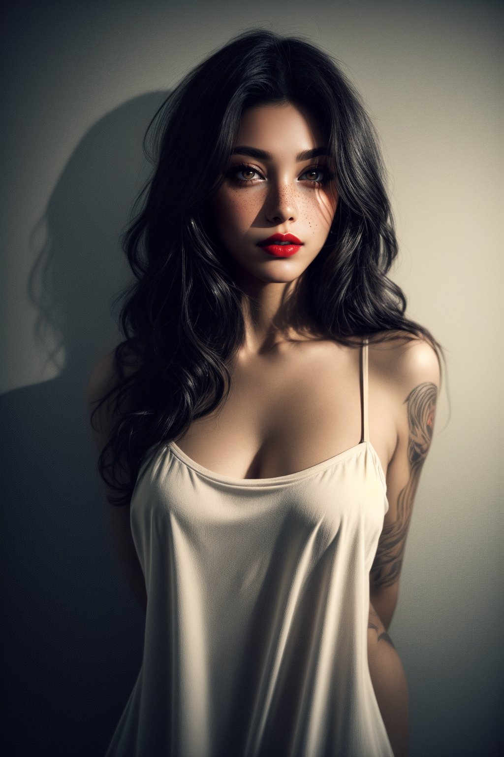 sexy Nordic girl, 20 years old, bold Hollywood actress, instagram model, kamasutra, seductress, femme fatale
very pretty face, red lips, long doe like intoxicating eyes with mascara, blush, (one side parted curly long hair:1),
(pattern cotton sundress:1.1), sexy fit body, small breasts, tattoo,
detailed saturated skin, subsurface scattering, (realistic textures:1.4), soft focus, dynamic abstract  background,
sexy sensual standing dynamic pose, full body shot, cinematic shot, centre composition,
soft lighting, atmospheric lighting, Photorealistic, Hyperrealistic, Hyperdetailed, ultra realistic, heavy shadow, 
masterpiece, best quality, 8k, golden ratio, Intricate, (romantic film grading:1), (beauty filter:1.2), film photography, award winning photography, film grain, Fujifilm XT3, dslr, fcHeatPortrait, ,dark studio,arshadArt