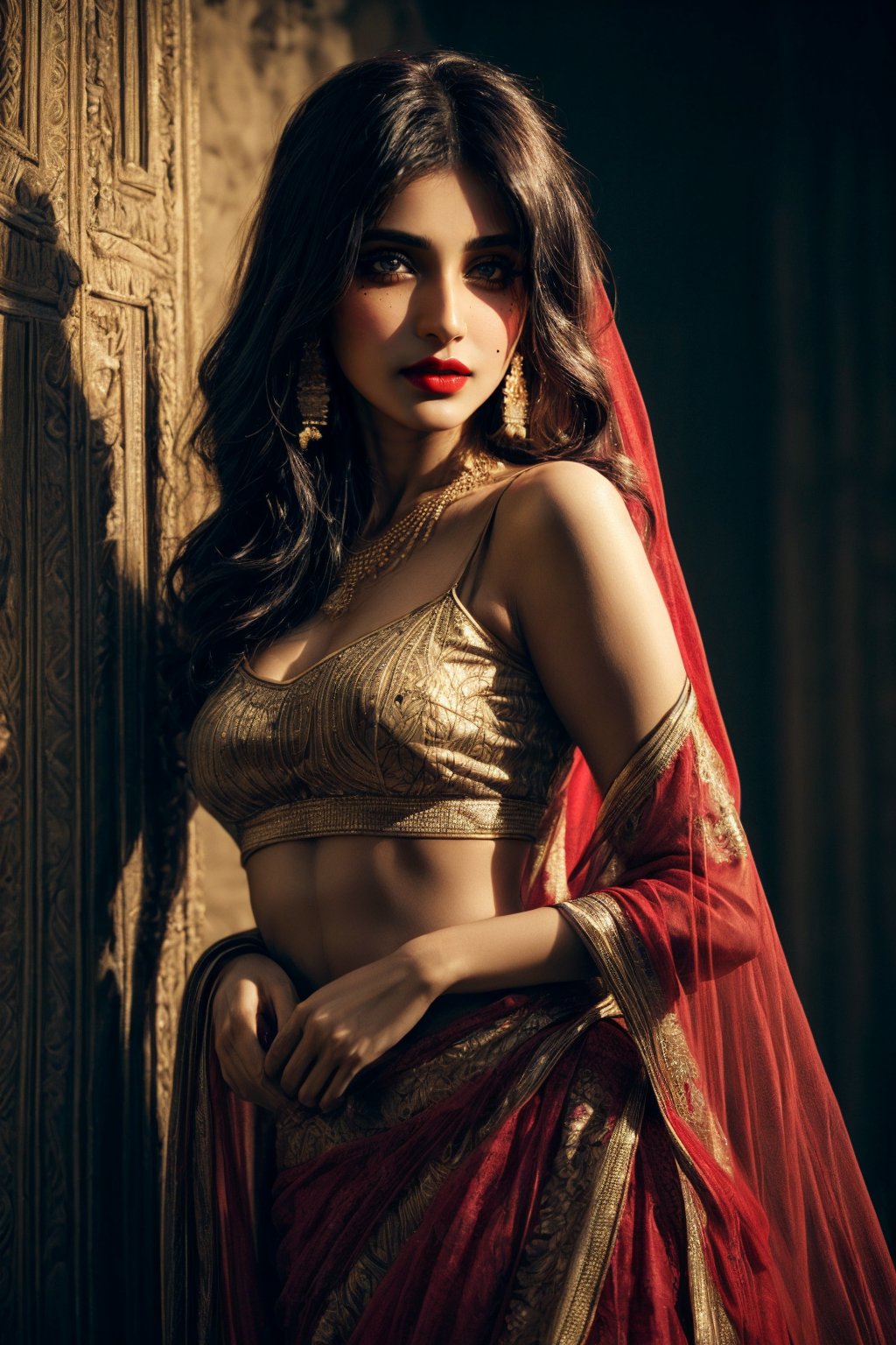 sexy Indian Punjabi lady, (Eugeniya Belousova:1.4), princess, 20 years old, bold Bollywood actress, nymph, nymphomaniac, pure untouched wild beauty, fashion model, diva, kamasutra, seductress, femme fatale
very pretty face, red lips, long doe like intoxicating eyes with mascara, blush, (one side parted curly long hair:1),
(intricate pattern Indian dress:1.1), (exquisite design Sabyasachi lehenga:1.2), (exquisite design deep neck Sabyasachi blouse:1.2), indian jewelry, sexy fit body, small medium breasts, (thighs:1.2)
detailed saturated skin, silhouette, subsurface scattering, (realistic textures:1.4), soft focus, (peacock, lotuses), (wild flowers dynamic background:1.2),
(sexy sensual fashion dynamic pose:1.2), medium long shot, cinematic shot, centre composition,
soft lighting, atmospheric lighting, Photorealistic, Hyperrealistic, Hyperdetailed, ultra realistic, heavy shadow, 
masterpiece, best quality, 8k, golden ratio, Intricate, (beauty filter:1.2), film photography, award winning photography, film grain, Fujifilm XT3, dslr, fcHeatPortrait, ,dark studio,arshadArt