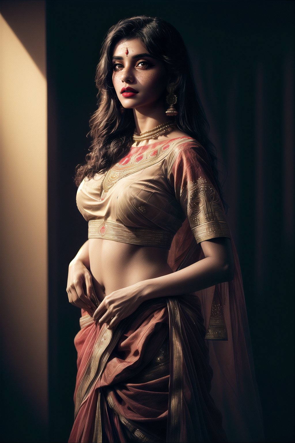 sexy Indian girl, 20 years old, bold Bollywood actress, nymph, nymphomaniac, instagram model, diva, kamasutra, seductress, femme fatale
very pretty face, red lips, mole above lip, long doe like intoxicating eyes with mascara, blush, (one side parted curly long hair:1),
(Indian embroidery dress:1.2), (Sabyasachi lehenga:1.2), (Sabyasachi deep neck blouse:1.2), highly intricate Indian jewelry, sexy fit body, small breasts, 
detailed saturated skin, subsurface scattering, (realistic textures:1.4), soft focus, dynamic abstract  background,
sexy sensual standing dynamic pose, full body shot, cinematic shot, centre composition,
soft lighting, atmospheric lighting, Photorealistic, Hyperrealistic, Hyperdetailed, ultra realistic, heavy shadow, 
masterpiece, best quality, 8k, golden ratio, Intricate, (romantic film grading:1), (beauty filter:1.2), film photography, award winning photography, film grain, Fujifilm XT3, dslr, fcHeatPortrait, ,dark studio,arshadArt,Indian