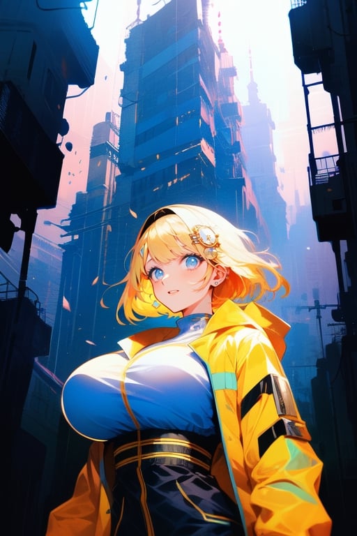  masterpiece, beautiful scene, 1girl, blonde, techwear fashion, gigantic breasts,luxtech, sci-fi, luxorious,gold, cyberpunk,scifi,melia watson, monocle, hair ornament,portrait