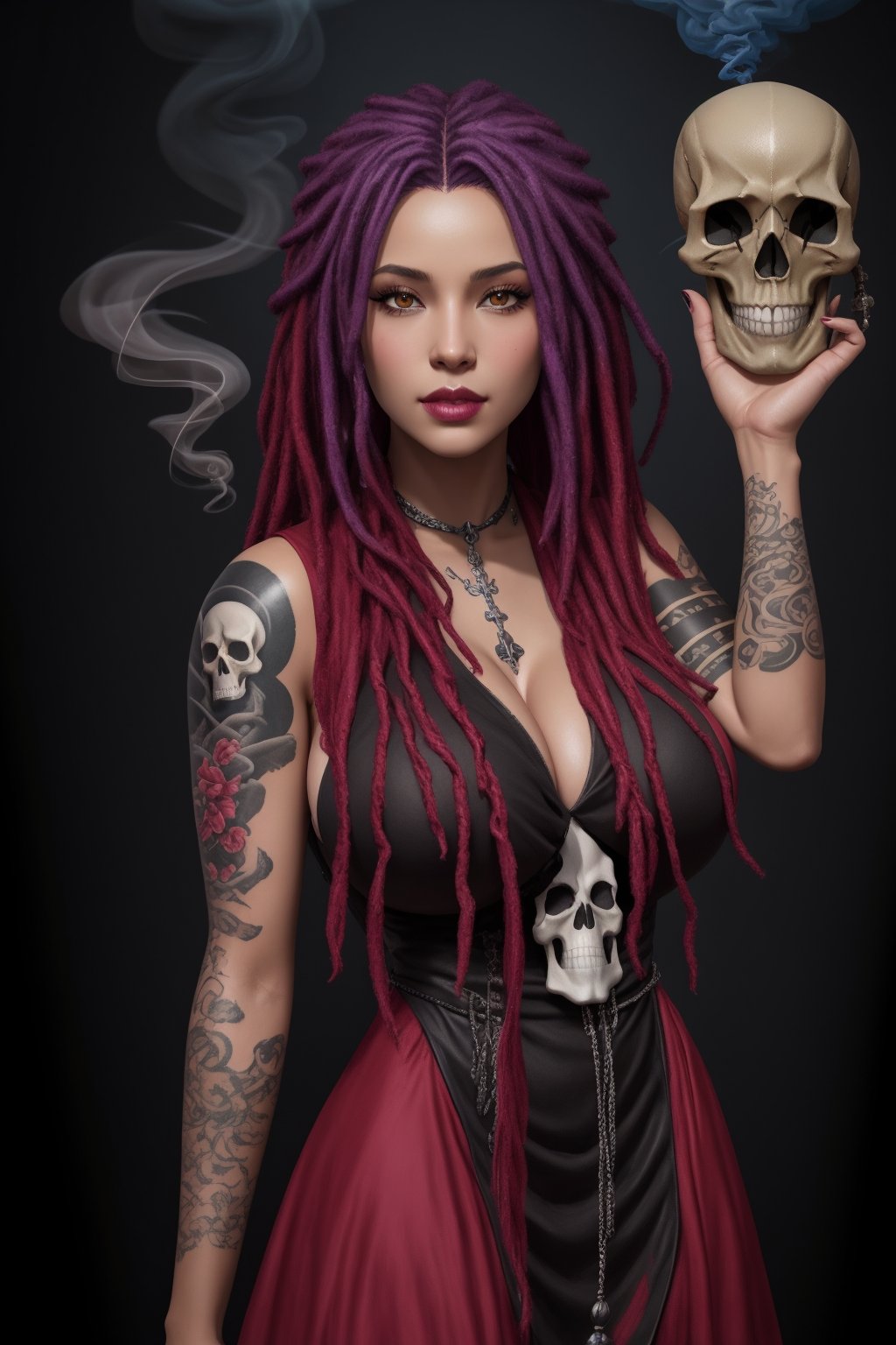 (huge breasts:1.4) a very beautiful photography portrait rendered in Unreal Engine 5 ultrarealistic photo of a very beautiful, 
sensual and voluptuous tattooed black woman with dreadlocks pink red rainbow hair in a purple macabre dress with skulls ornaments holding a skull in one hand and an old tome in another hand, 

beauty512, 

(The Art of Brom:0.3) (art by alexeyegorov:0.2), 

epic fantasy character art, 

a storybook illustration, 

fantasy art (angiev:0.1) (ashiok:0.1), 

(style-paintmagic style-princess:0.4), 

sharp focus, 

emitting diodes, 

smoke, 

artillery, 

sparks, 

racks, 

system unit, 

motherboard, 

by pascal blanche rutkowski repin artstation hyperrealism painting concept art of detailed character design matte painting, 

4 k resolution blade runner