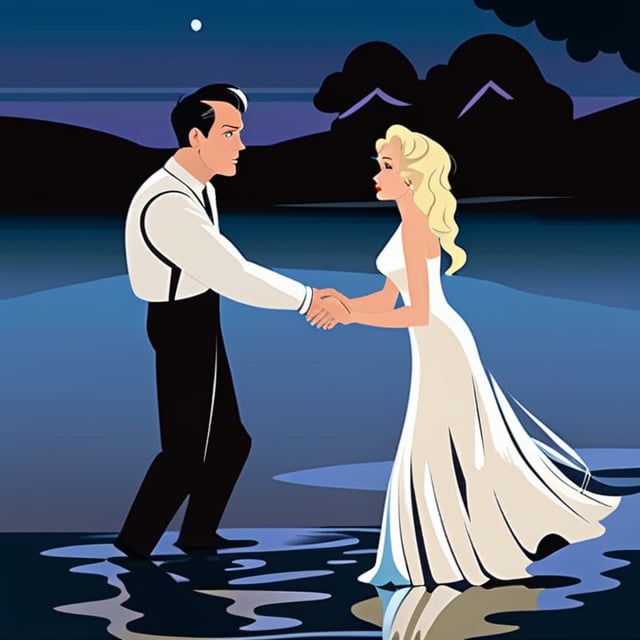 investigator, (Jack Donovan (male, brunette, late 30s), ((Jack has a shocked expression)), is grasped on the arm by,
a determined yet gentle blonde woman (early 20s) wears a tattered 1930s style wedding dress,
by a lake bathed in moonlight,
She grasps his arm,
he has a shocked expression