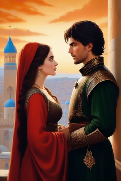 Poster or book cover style: exterior setting. One young man and one young woman stand face to face, their eyes locked in a love, forbidden love. The woman is dressed in ornate Byzantine attire, circa 1453 and the man is dressed in Byzantine military garb, circa 1453. Behind them, the walls and skyline of Constaninople in silouette loom in the background. The clouds of war gather hinting at the political intrigue and conflict that threatens to tear them apart.,HZ Steampunk