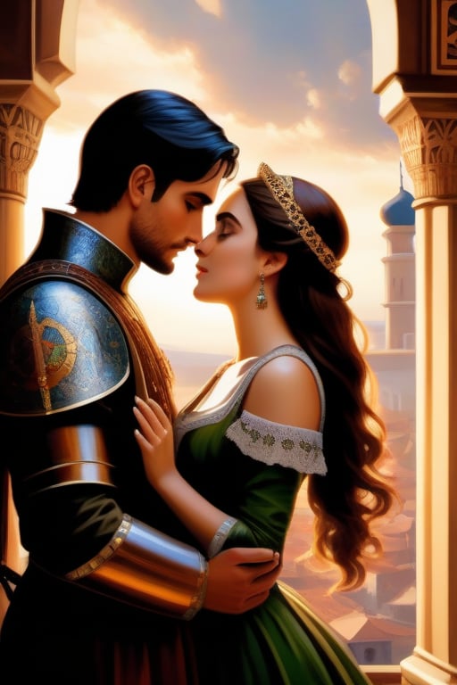 Poster or book cover style: exterior setting. One young man and one young woman stand face to face, their eyes locked in a love, forbidden love. The woman is dressed in ornate Byzantine attire, circa 1453 and the man is dressed in Byzantine military garb, circa 1453. Behind them, the walls and skyline of Constaninople in silouette loom in the background. The clouds of war gather hinting at the political intrigue and conflict that threatens to tear them apart.,HZ Steampunk