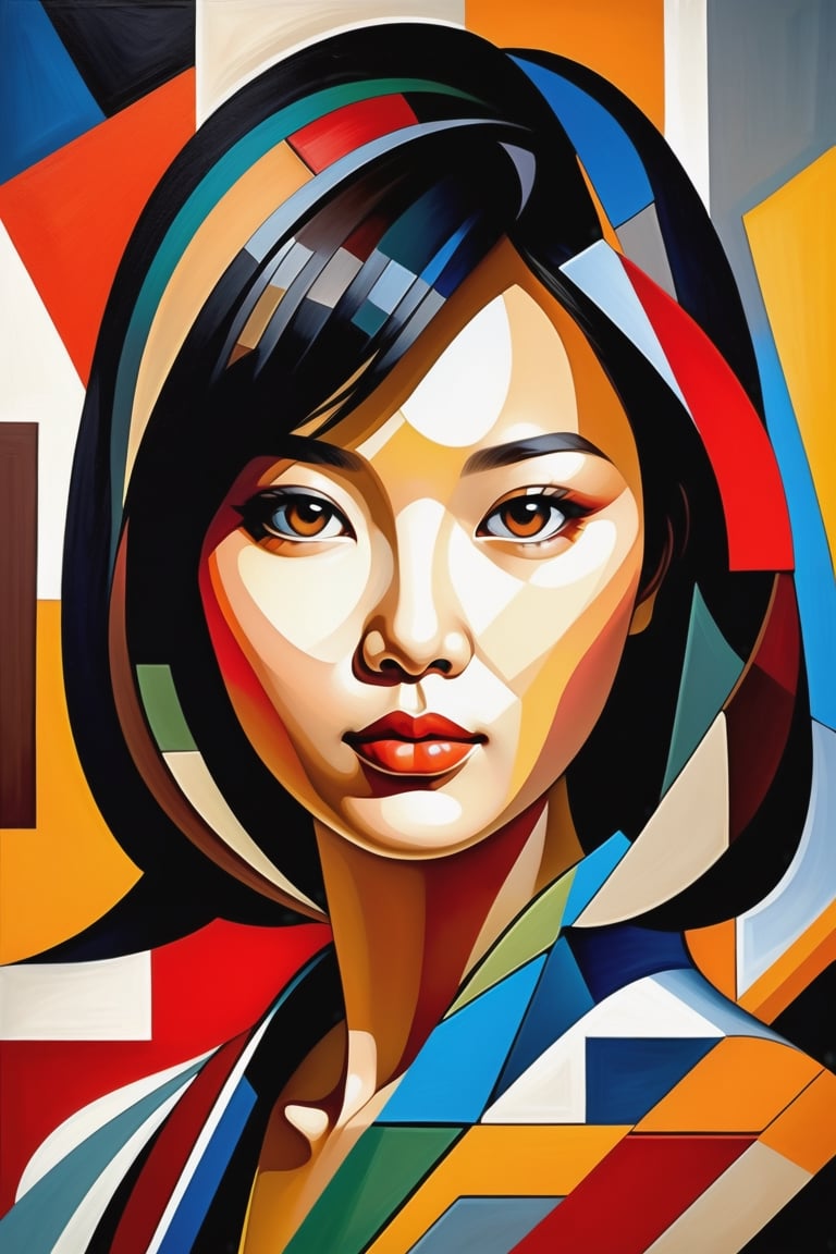 portrait of the face of a asian young woman, oil painting, cubist style, colorful abstract background, mixed technique, hyperrealistic touch of color, very detailed, colorful and abstract, pictorial work of art, a lot of dynamics in the details, extremely detailed,Cubist artwork 
