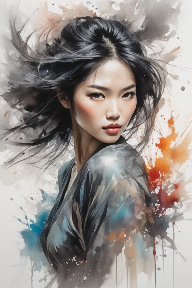 Vibrant  colors, flowing black hair of a stunning Asian woman, whose expressive facial features seem to leap off the page, set against a crisp white background. Her inky locks dance around her face, rendered in bold, expressive brush strokes, with bold lines and shapes bursting forth in a chaotic yet beautiful dance. The ink wash technique brings depth and nuance to the piece, while calligraphic elements add an air of elegance and refinement. The artwork is a fusion of traditional and digital media, with intricate details and textures reminiscent of a detailed matte painting, set in a stunning 8K resolution. Muted grays and deep, rich colours blend seamlessly in a striking display of complementary hues, with the overall aesthetic reminiscent of a fantastical concept art piece trending on Artstation, created with the cutting-edge capabilities.