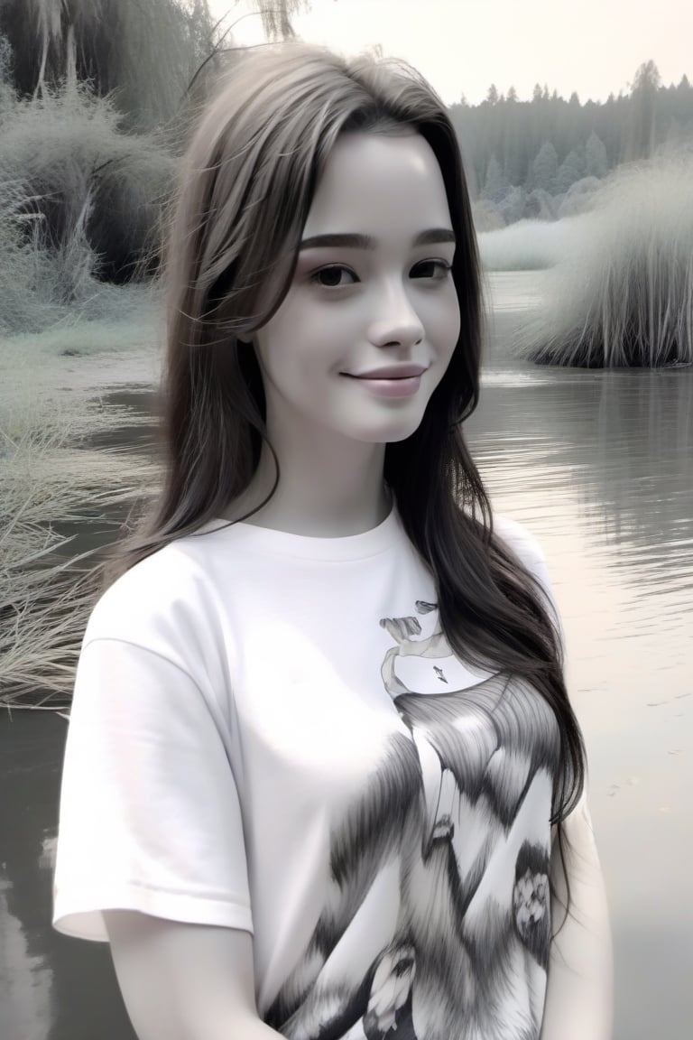 (masterpiece),  painting , black & white, best quality,good anatomy, (1 western girl), beautiful, closeup potrait, (upper body),(smile),short hair, long hair,(shirt), (trees:0.5), (flowers:0.6) ,(wooden house:0.2),(bamboo forest:0.2),(creek:0.2),(river:0.2),ink style,dashataran,ink 