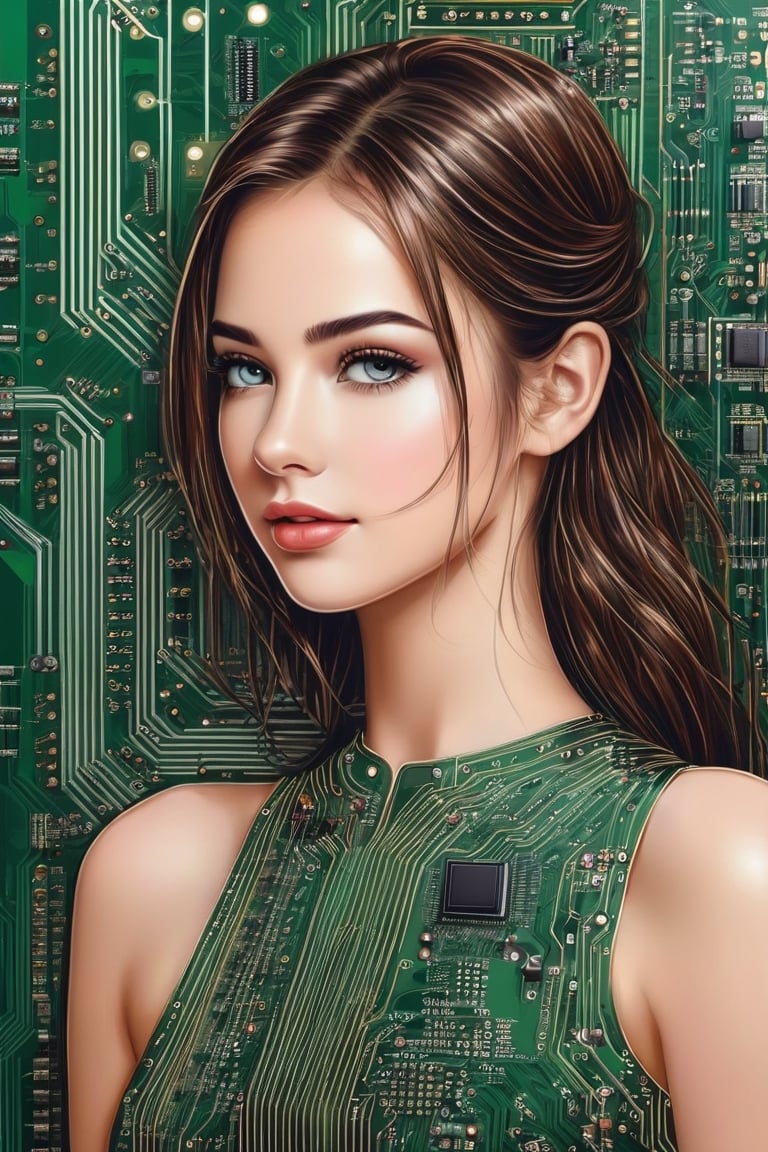 Masterpiece, realistic, circuit diagram art, beauty girl drawn with a circuit diagram,circuit board, circuit board cpu, resistor, chip, LSI,DonMC1rcu17Pl4nXL
