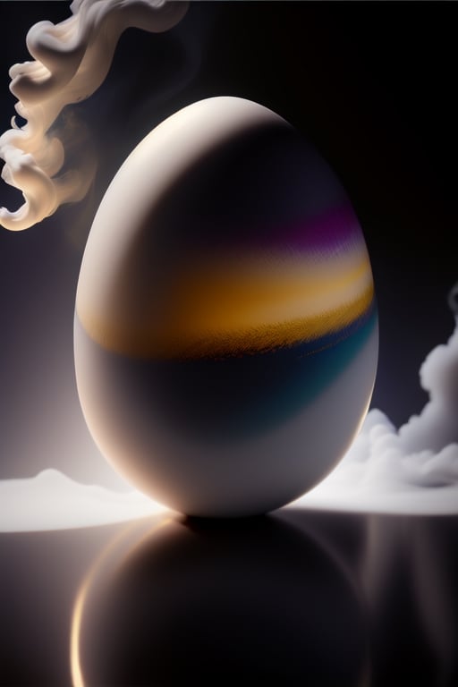 Masterpiece, realistic, (one empty translucent egg),  (full white smoke on egg ), full body ,stunning beauty, hyper-realistic oil painting, vibrant colors, dark chiarascuro lighting, a telephoto shot, 1000mm lens, f2,8,Vogue,more detail,,Digital painting 