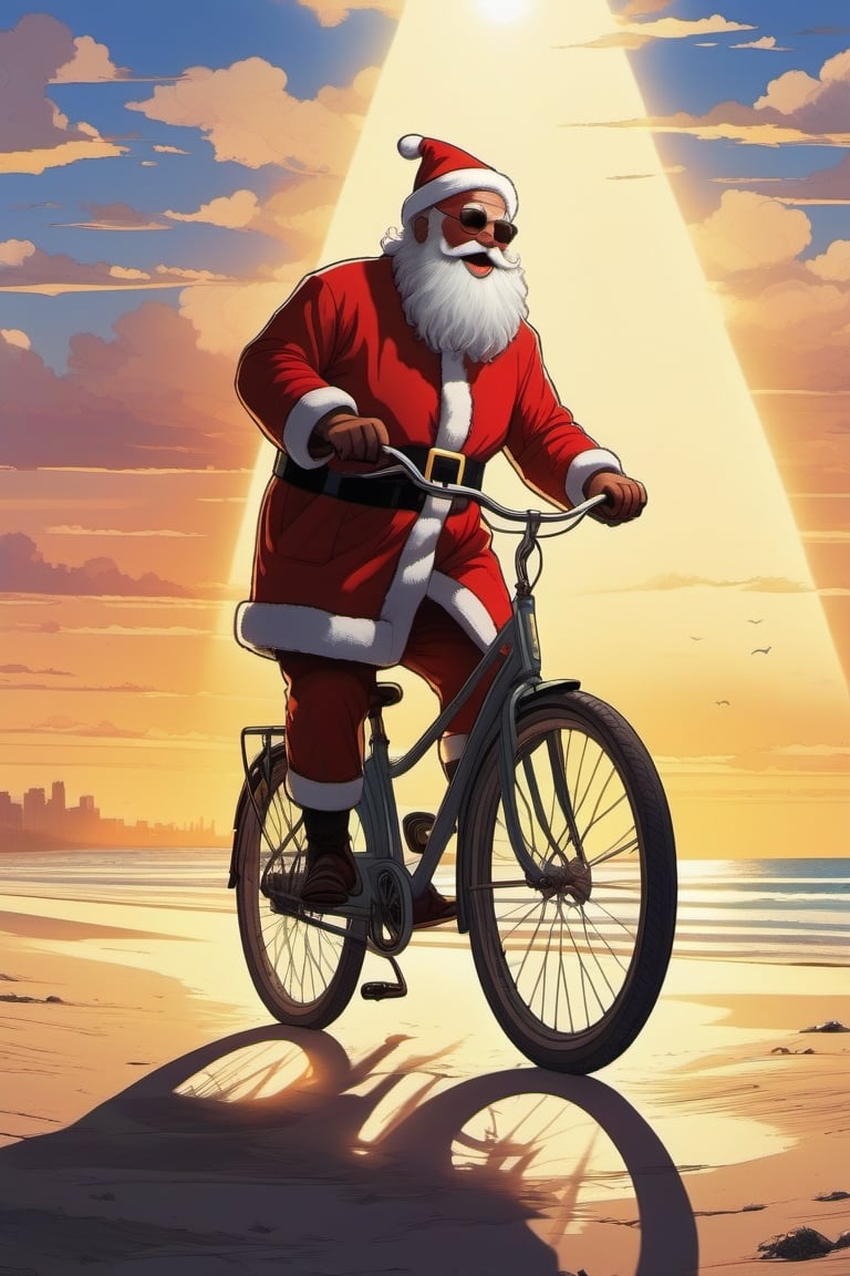 1 santa clause  riding bicycle,beach, sunrays, warm light, cinematic light, cinematic angle,aw0k straightstyle