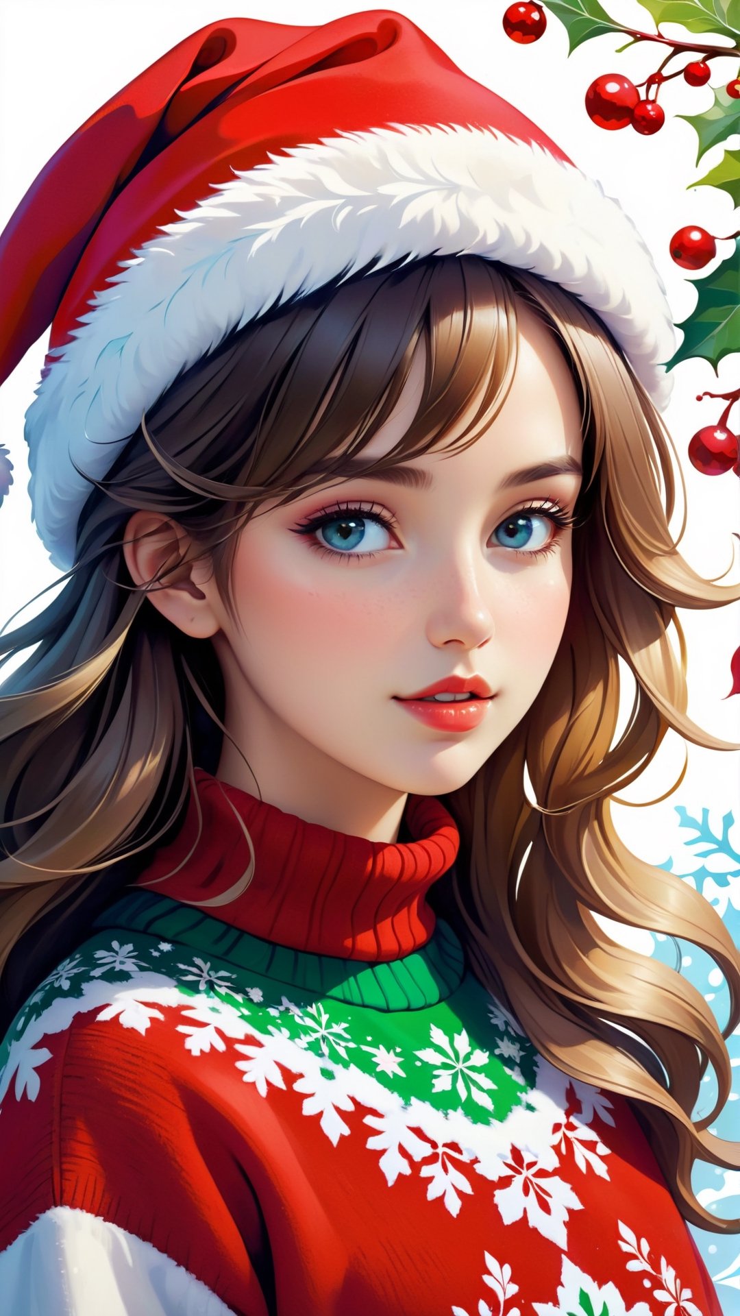 Grunge art gradient, abstract fantasy illustration featuring striking girl wearing a Christmas pullover, wearing santa hat, endearing Christmas character, immaculate facial features embraced by winter flowers, snowberries, superimposed on white background adorned with colorful arabesque, swirls, dainty and intricate details, double exposure technique creating mesmerizing composition imbued with mystery, intrigue, single spiral helix, fragmented, layered textures, ripple, shattered effects evoking illusion, disturbance, ephemerality, elusiveness,Realistic