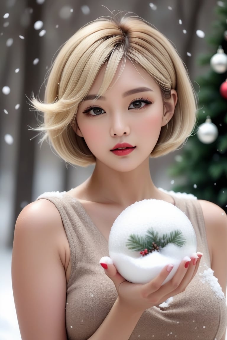  winter, snowing, sleeveless woman, Blonde woman with blonde short hair, beautiful, big breast, hand with small snow ball, small christmas decor at snow ball ,aesthetic portrait,korean girl,