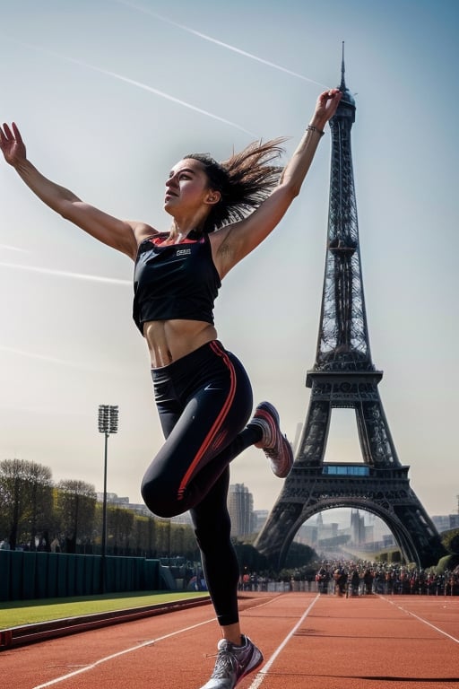 Vibrant female runner in motion, youthful energy radiates from the dynamic pose. The bright, bold uniform bursts with color against the stark grey of the track, while the Eiffel Tower's iron latticework rises majestically into the misty blue sky. Sharp focus on the athlete's determined expression and athletic build as she stands poised at the starting line, the stadium's sleek grandstands curving around him like a gentle arc.