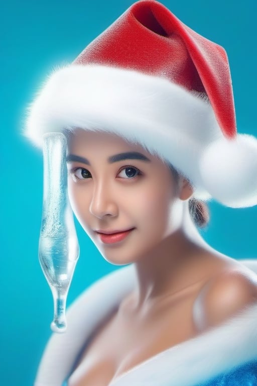  One lady, beautiful, wear santa costume, santa hat,half body,  blue background, realistic,Snow,ice and water,ice